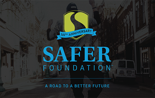 Safer Foundation 50th Anniversary Logo laid over man jumping for joy